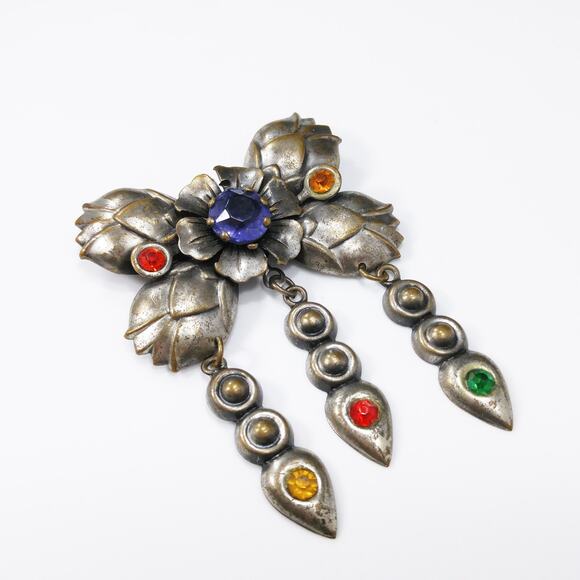 Floral Rhinestone Brooch, Three Dangles, 1940s Vintage Brooch - Picture 3 of 10
